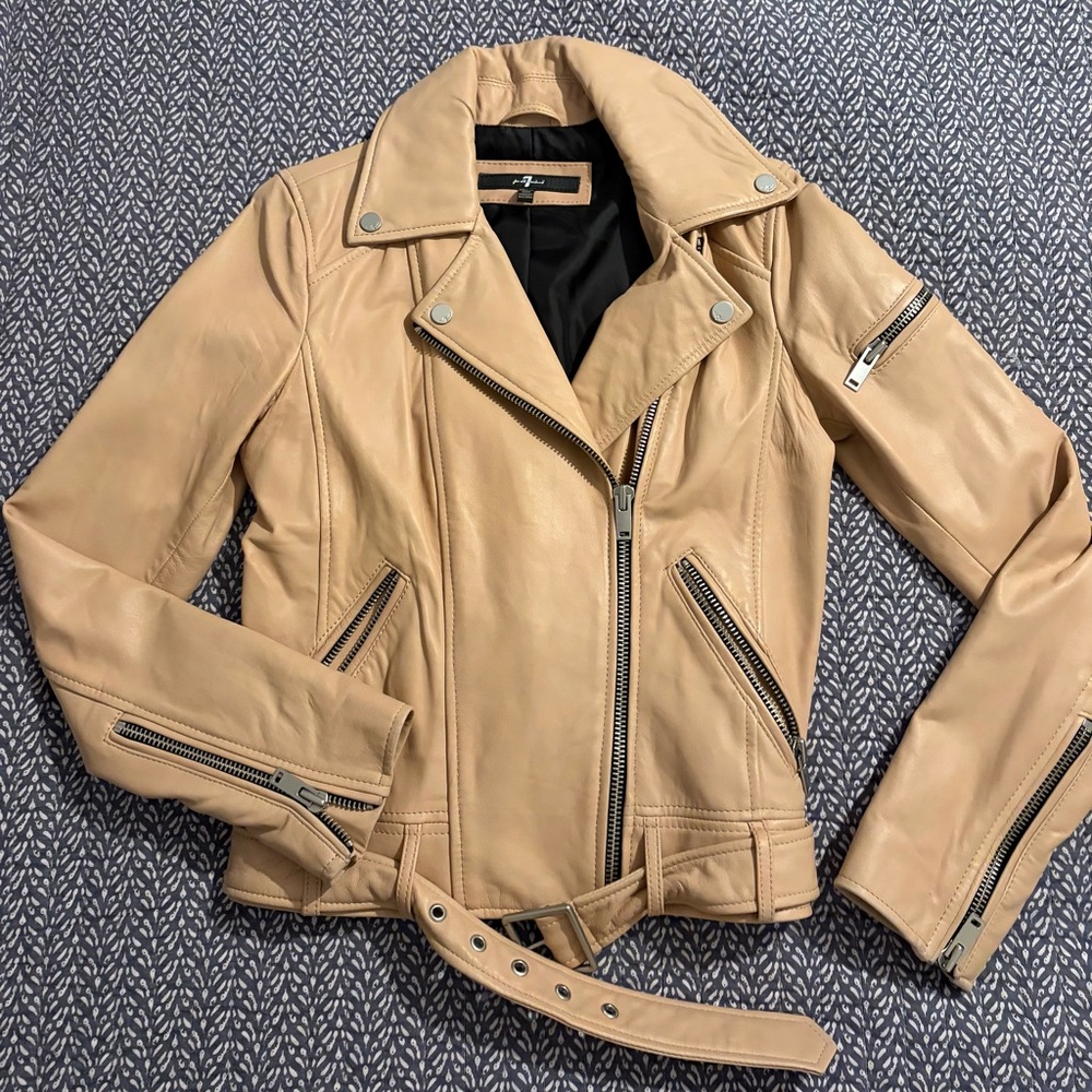 7 For All Mankind Beige Leather Moto Jacket with Belt